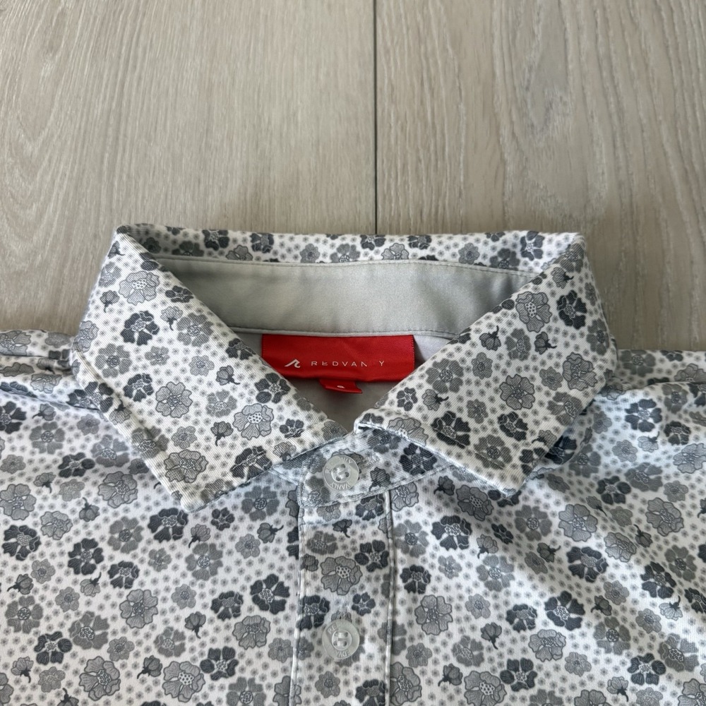Redvanly Polo Shirt Mens Size S Small White Grey Floral Golf Short Sleeve